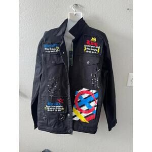 NWT Men's Sacred Crown Jeans Black Denim Grafitti Paint Jacket Men's XL